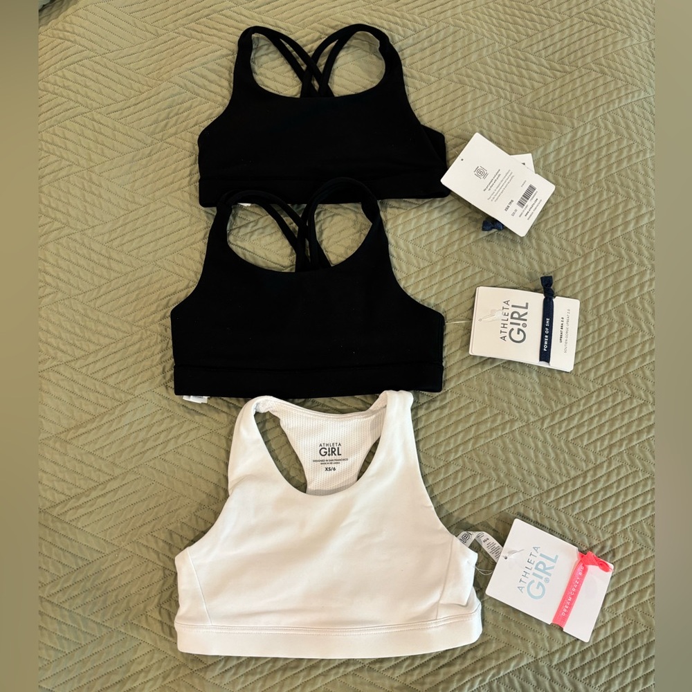 NWT 3x Athleta Girl Bras size XS/6 2 black 1 white